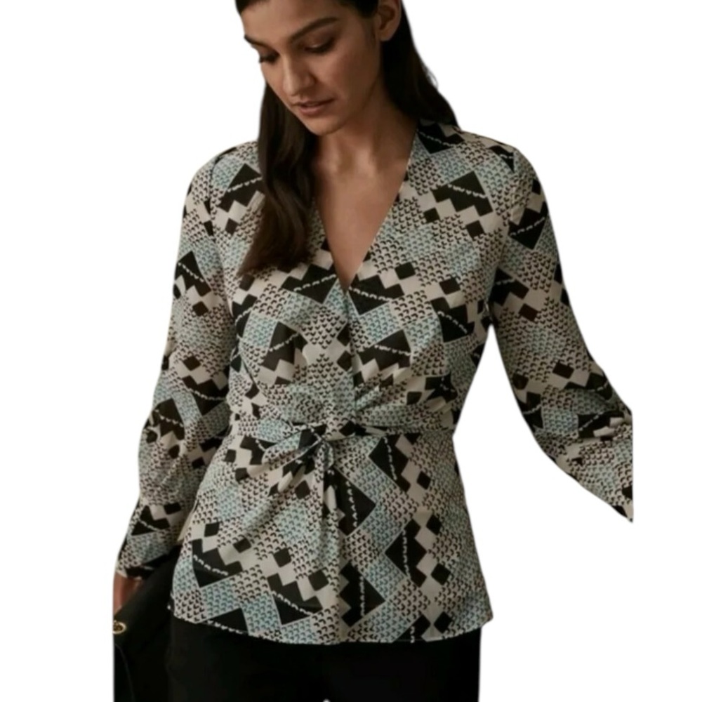 Reiss Livinia Geometric Print Top Women 2 Blue Black Turquoise Chiccore Workwear